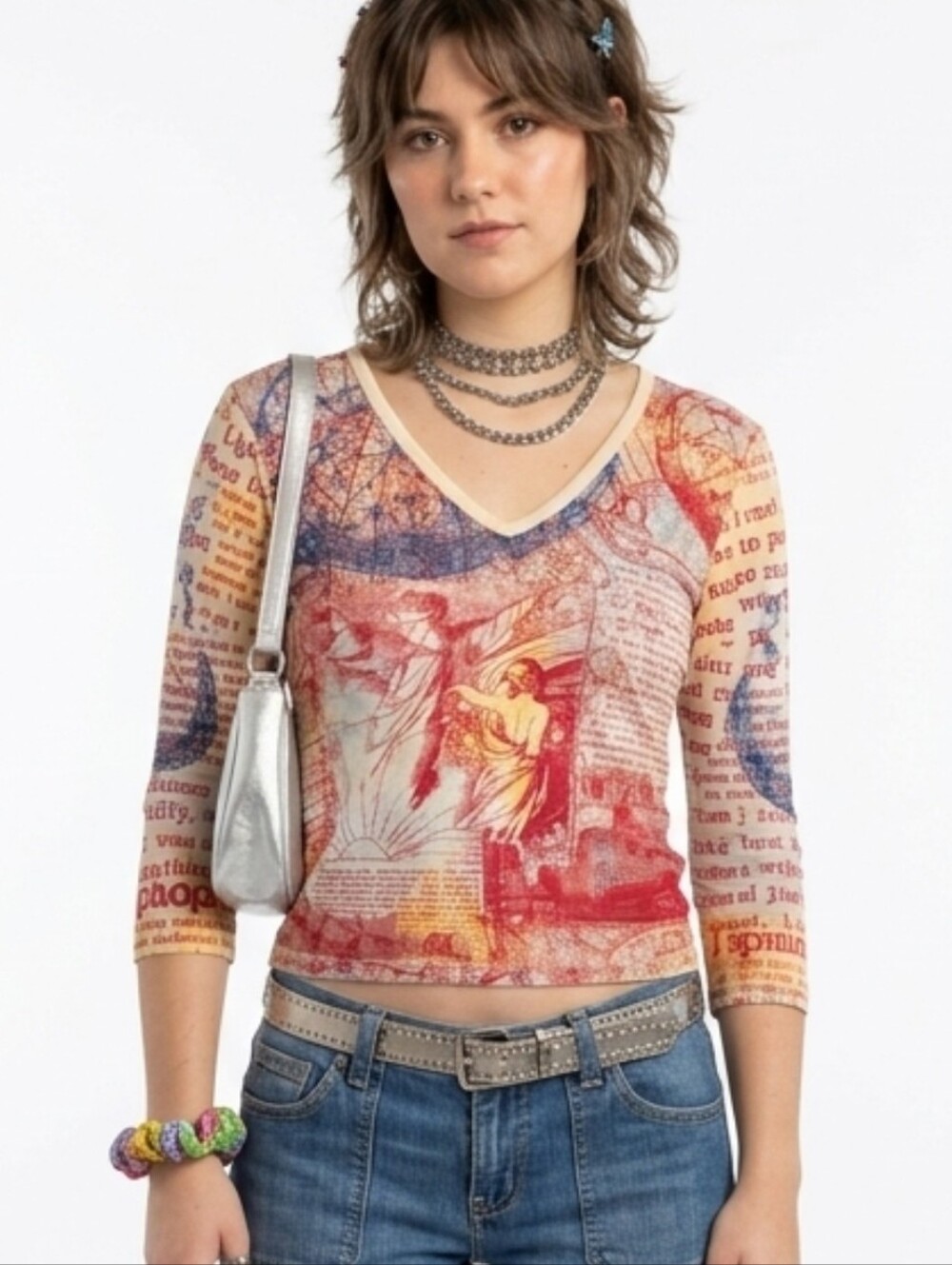 Vintage Glima Renaissance Book All Over Print 3/4 Sleeve V-Neck Top